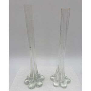 Vintage Hand-Blown Clear Glass Bud Vases With Fluted Design & Scalloped Base Pai